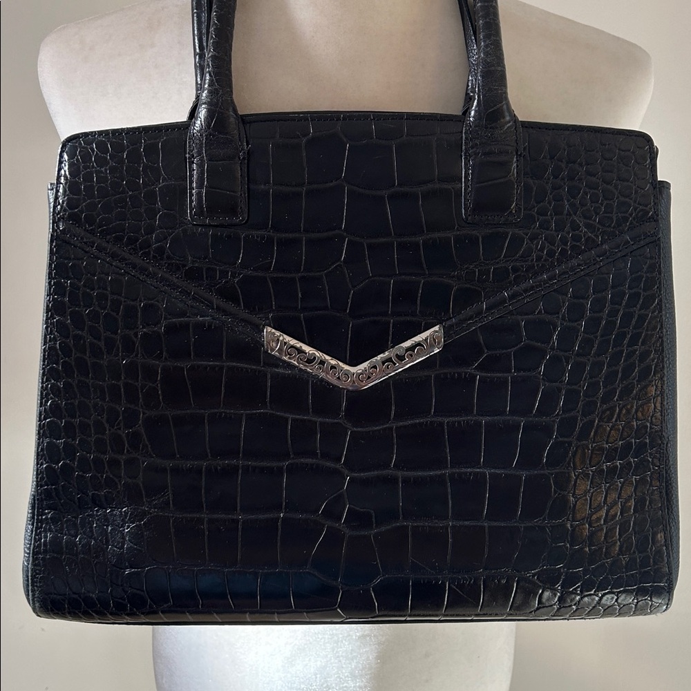 Brighton Vintage Black Leather Croc Embossed Attaché/Large Bag